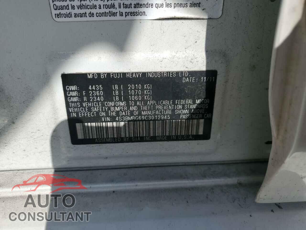 SUBARU LEGACY 2012 - 4S3BMBG69C3012945