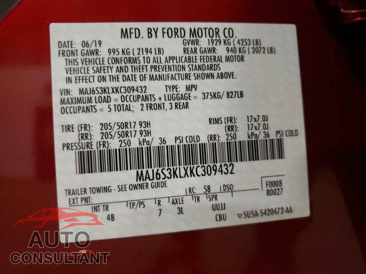 FORD ECOSPORT 2019 - MAJ6S3KLXKC309432