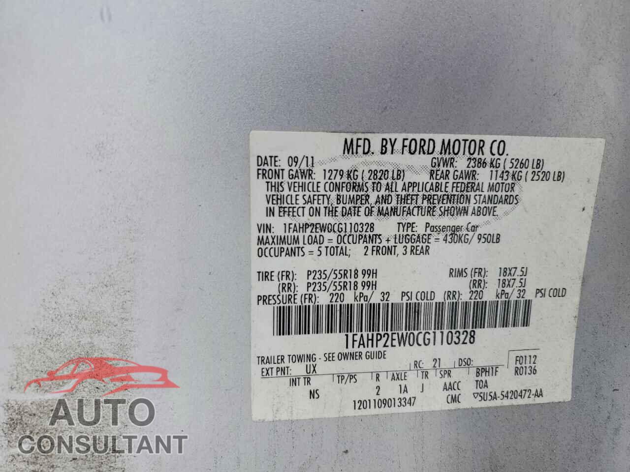 FORD TAURUS 2012 - 1FAHP2EW0CG110328
