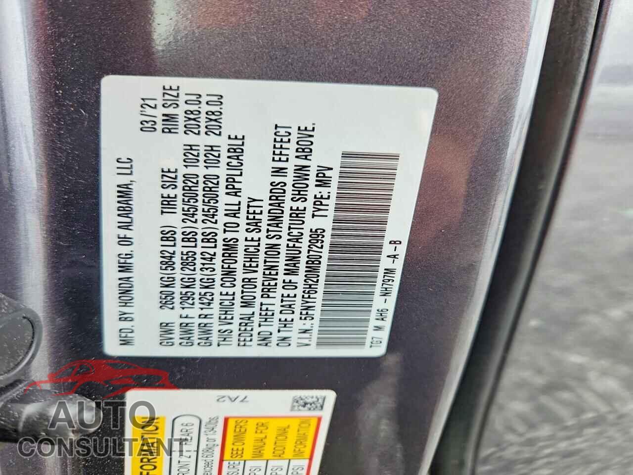 HONDA PILOT 2021 - 5FNYF6H20MB072995