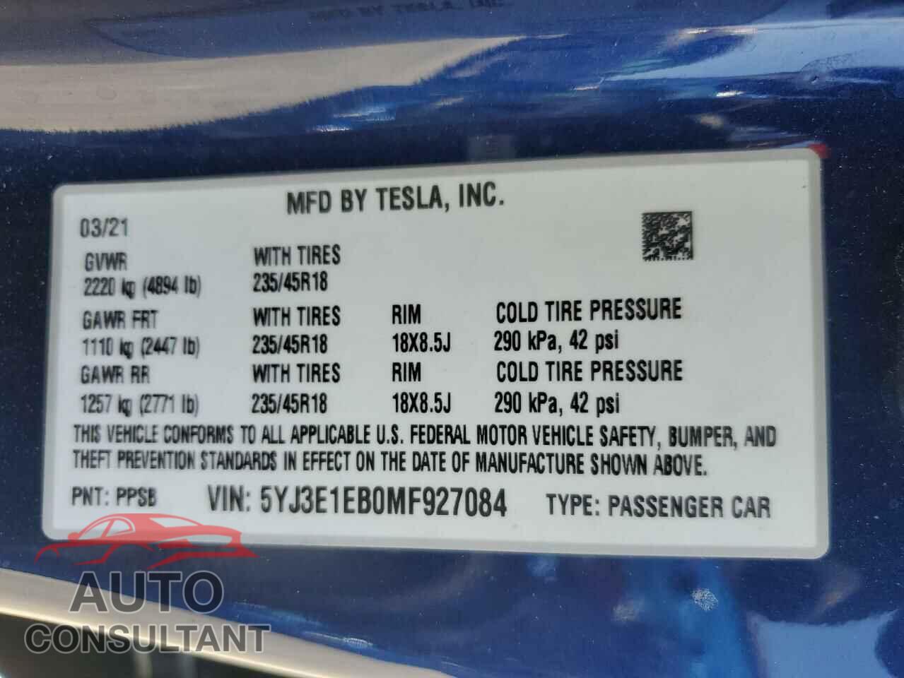 TESLA MODEL 3 2021 - 5YJ3E1EB0MF927084