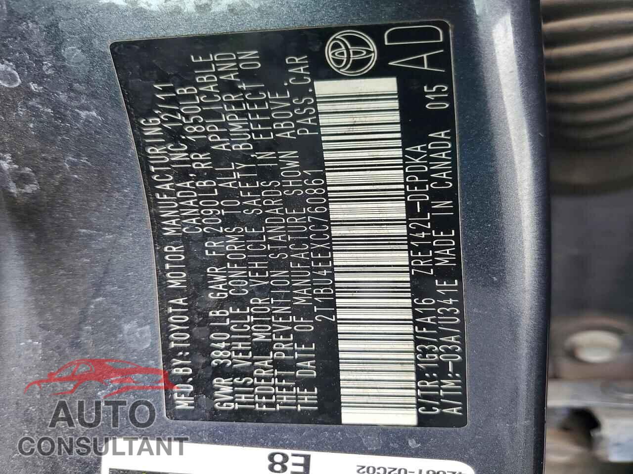 TOYOTA COROLLA 2012 - 2T1BU4EEXCC760861