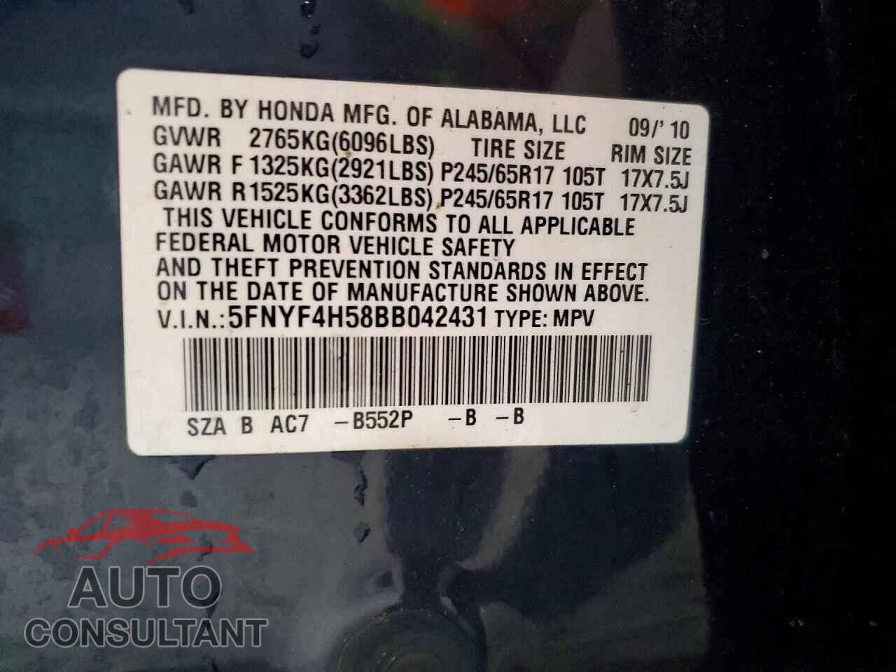 HONDA PILOT 2011 - 5FNYF4H58BB042431