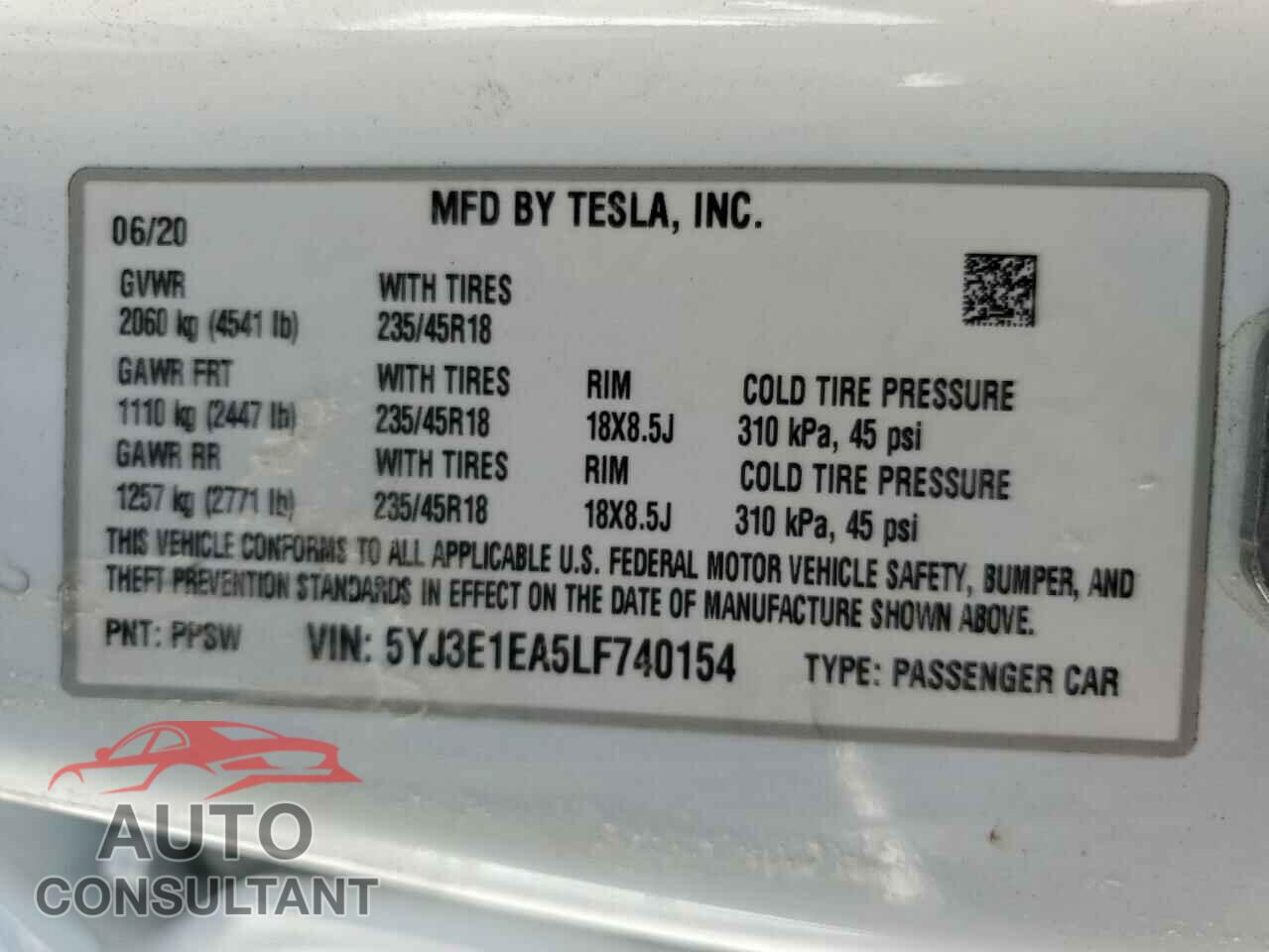 TESLA MODEL 3 2020 - 5YJ3E1EA5LF740154