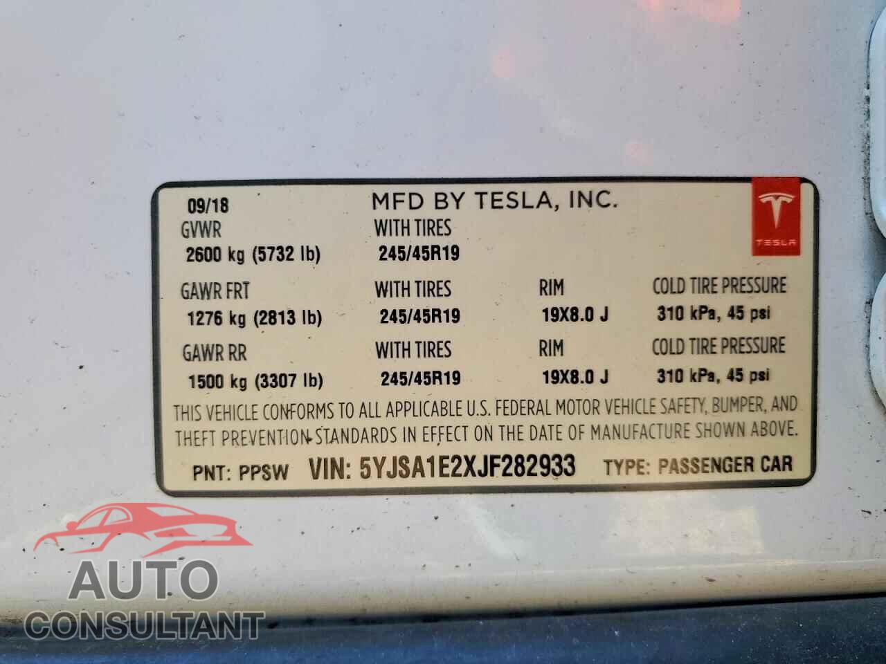 TESLA MODEL S 2018 - 5YJSA1E2XJF282933