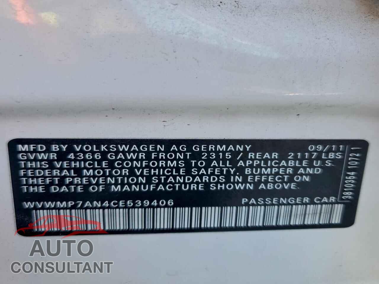 VOLKSWAGEN CC 2012 - WVWMP7AN4CE539406