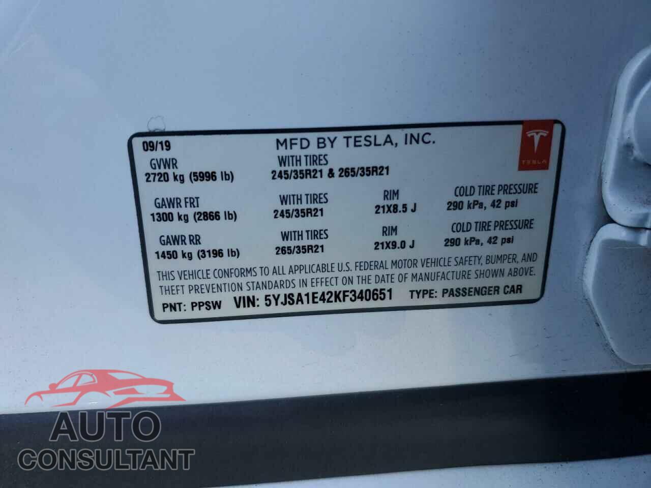 TESLA MODEL S 2019 - 5YJSA1E42KF340651