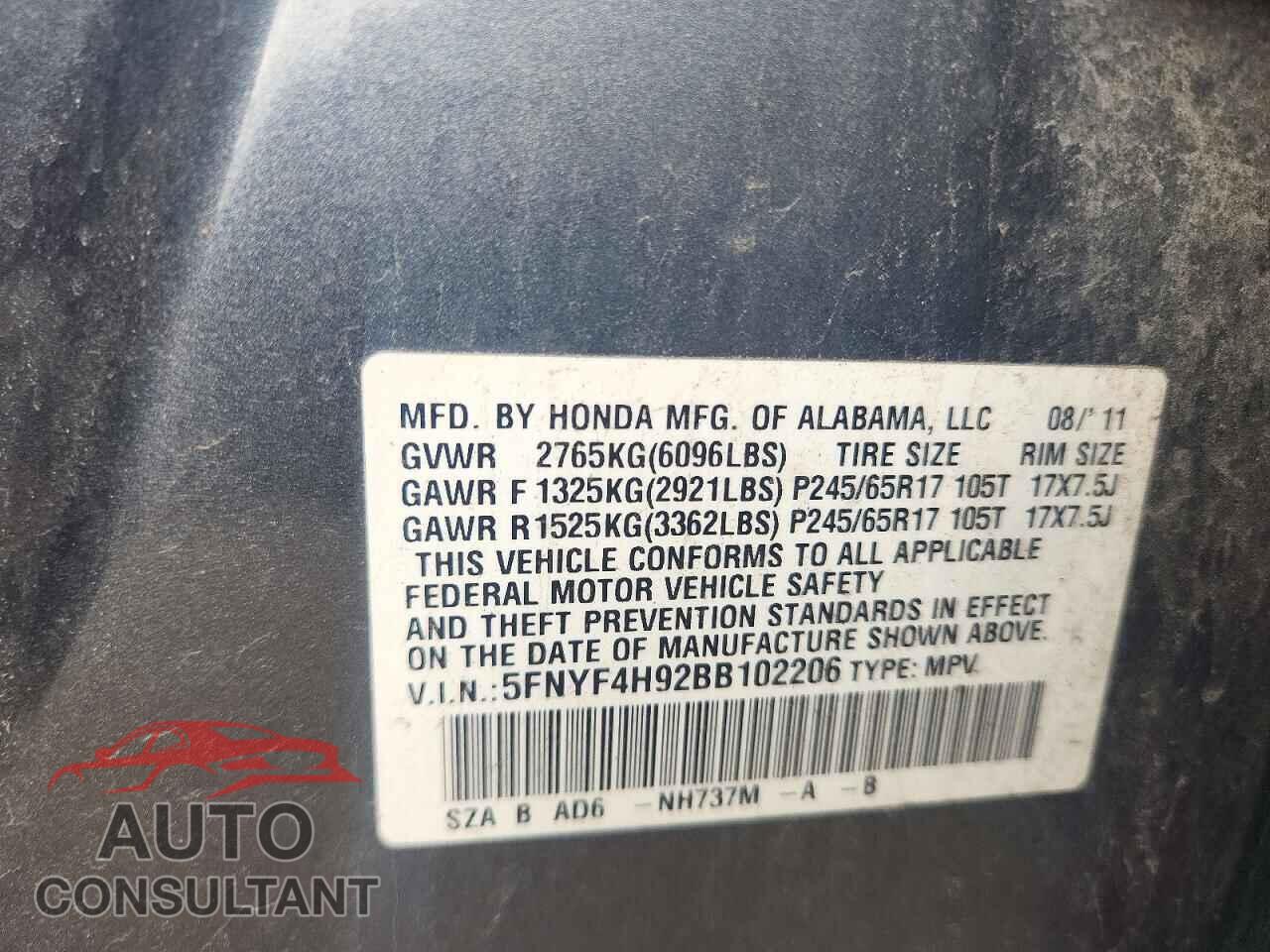 HONDA PILOT 2011 - 5FNYF4H92BB102206