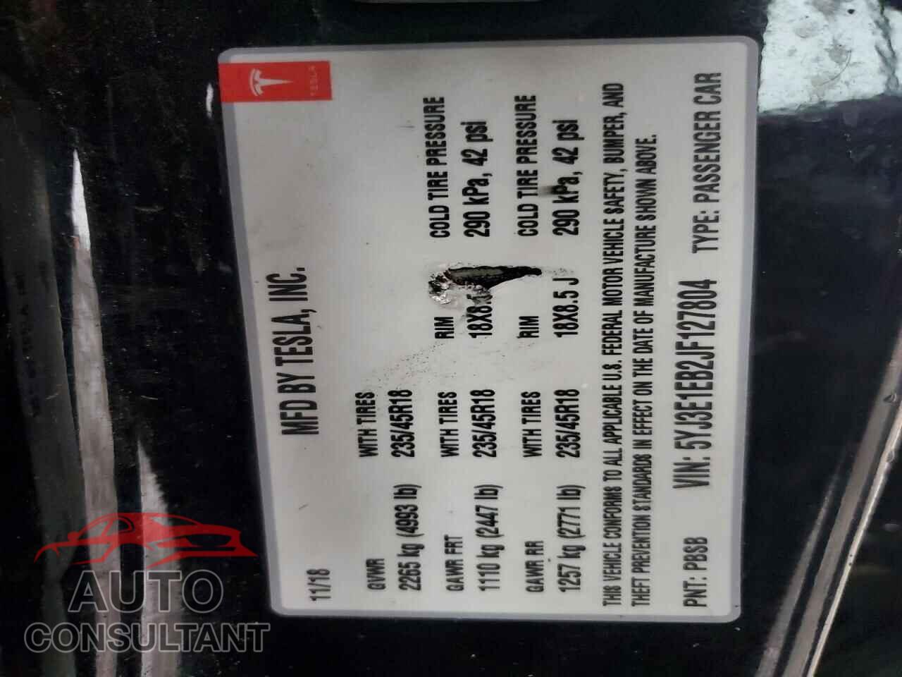 TESLA MODEL 3 2018 - 5YJ3E1EB2JF127804