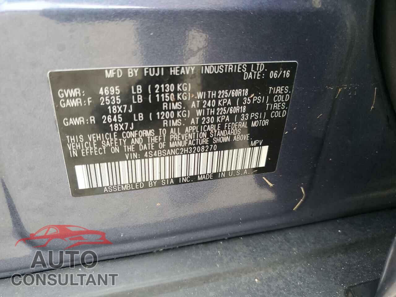 SUBARU OUTBACK 2017 - 4S4BSANC2H3208270