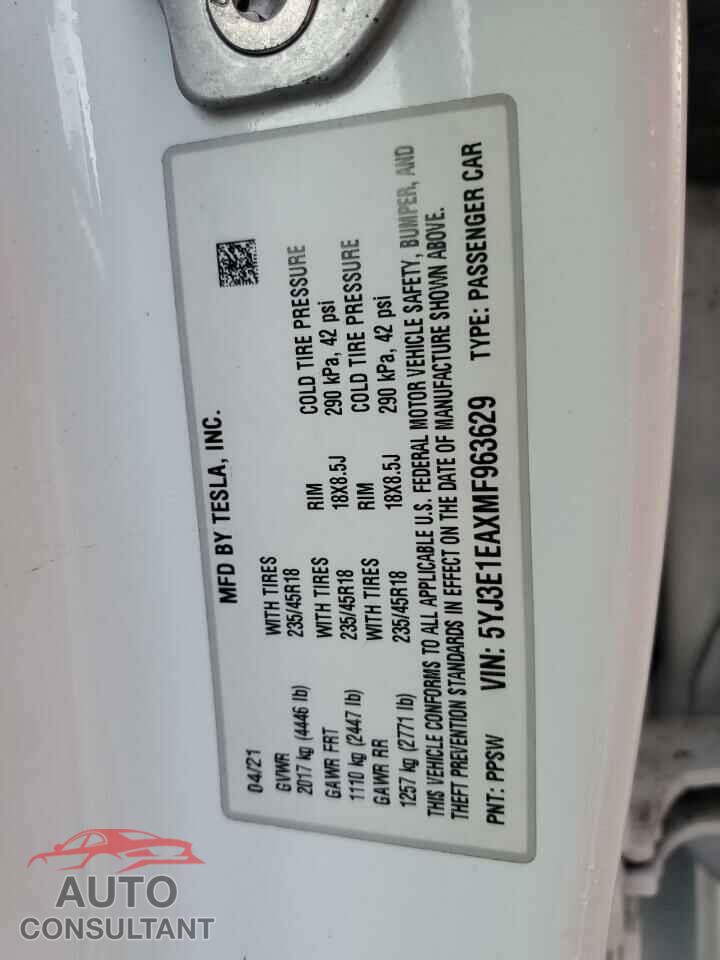 TESLA MODEL 3 2021 - 5YJ3E1EAXMF963629