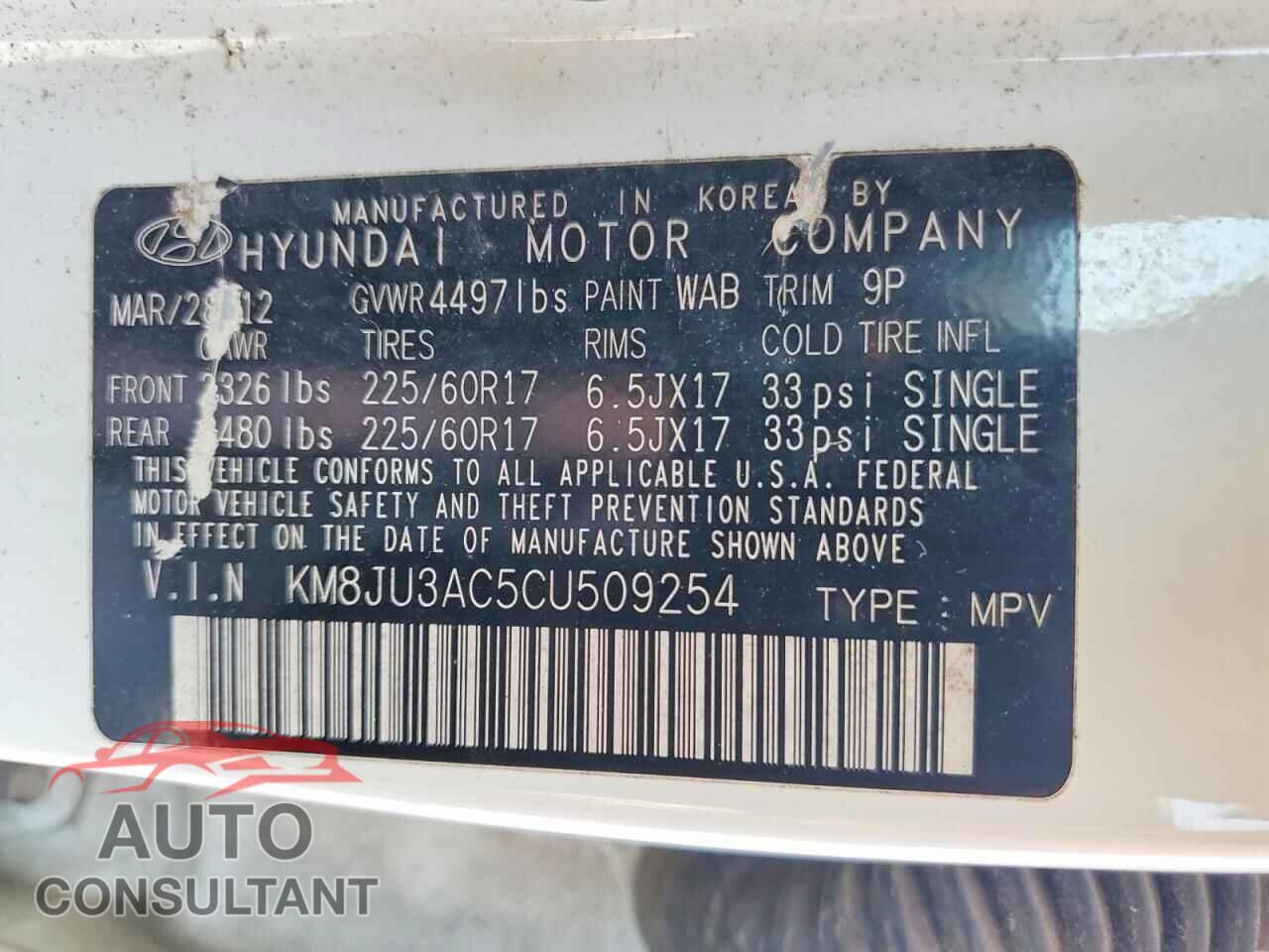 HYUNDAI TUCSON 2012 - KM8JU3AC5CU509254