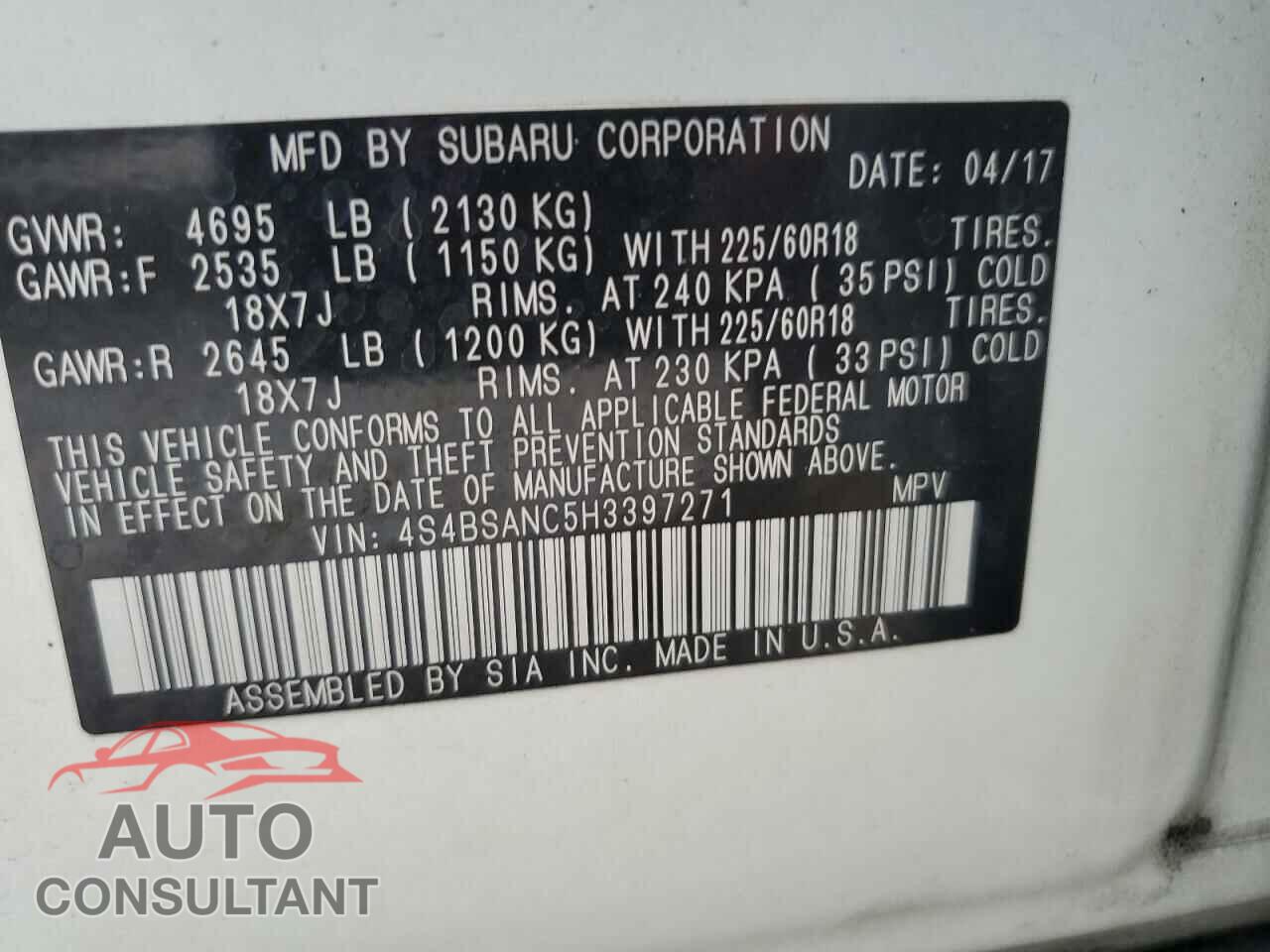 SUBARU OUTBACK 2017 - 4S4BSANC5H3397271