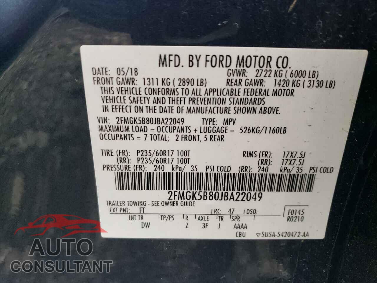 FORD FLEX 2018 - 2FMGK5B80JBA22049