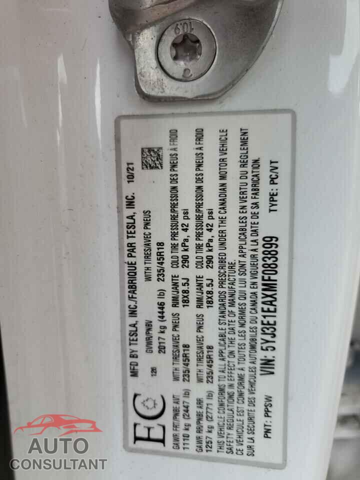 TESLA MODEL 3 2021 - 5YJ3E1EAXMF083899
