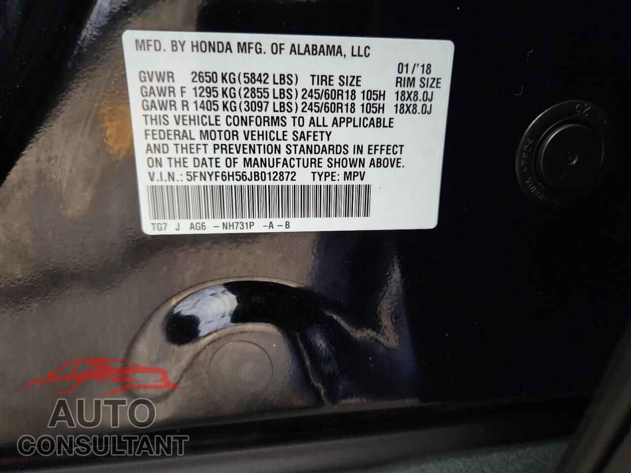 HONDA PILOT 2018 - 5FNYF6H56JB012872