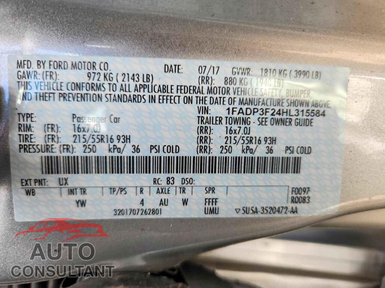 FORD FOCUS 2017 - 1FADP3F24HL315584