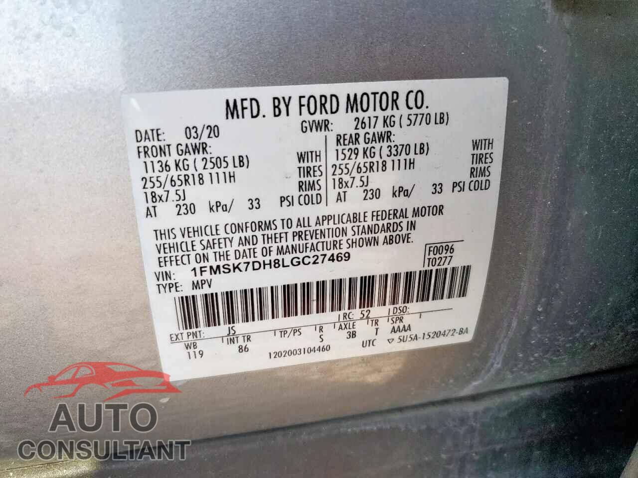 FORD EXPLORER 2020 - 1FMSK7DH8LGC27469