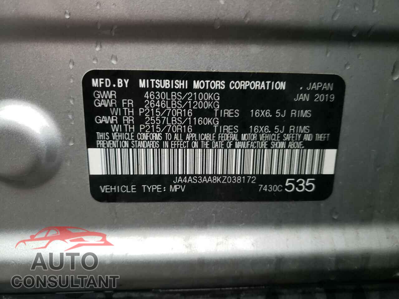 MITSUBISHI ECLIPSE 2019 - JA4AS3AA8KZ038172