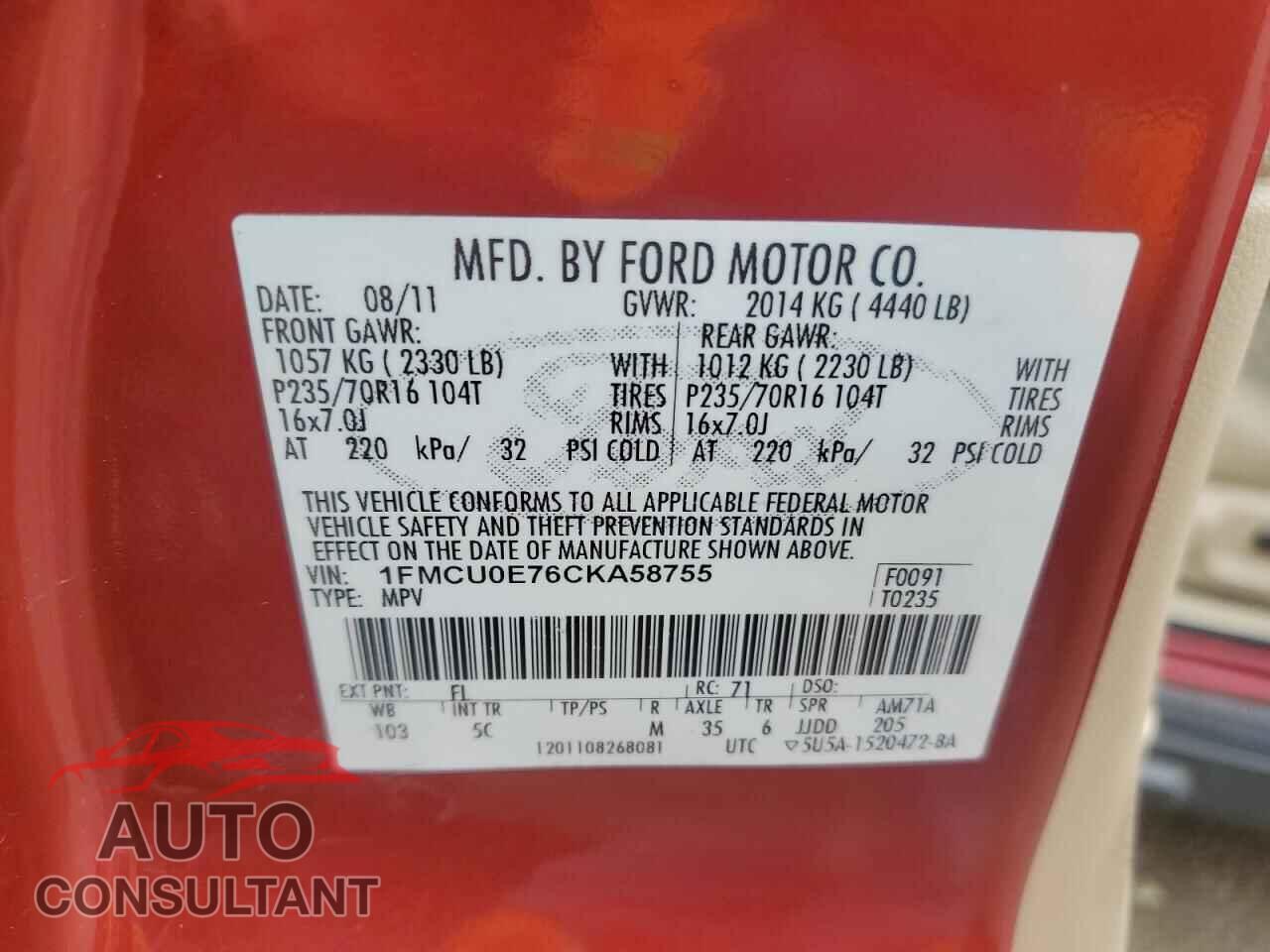 FORD ESCAPE 2012 - 1FMCU0E76CKA58755