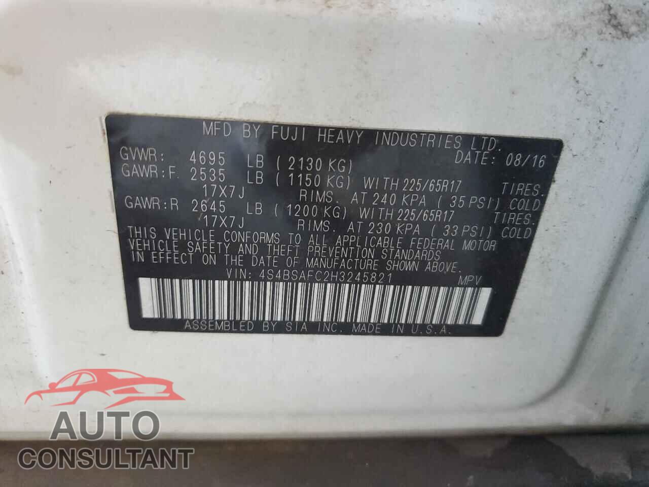 SUBARU OUTBACK 2017 - 4S4BSAFC2H3245821