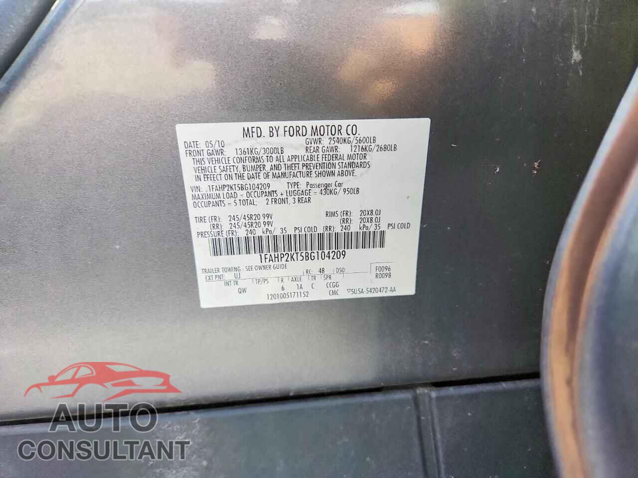 FORD TAURUS 2011 - 1FAHP2KT5BG104209