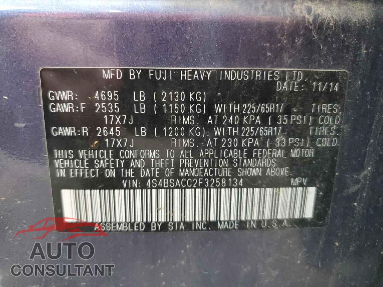 SUBARU OUTBACK 2015 - 4S4BSACC2F3258134