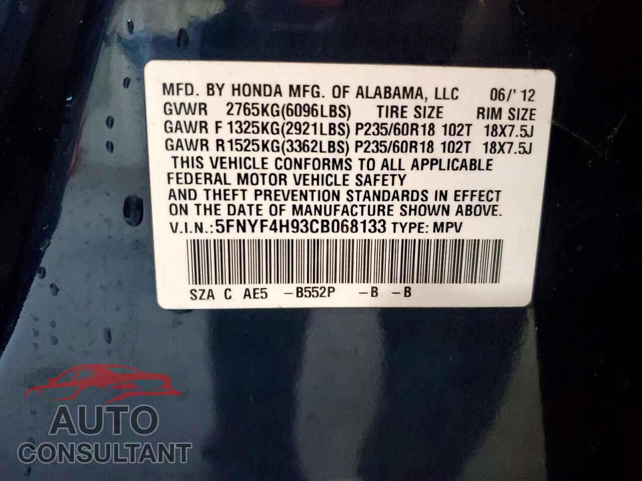 HONDA PILOT 2012 - 5FNYF4H93CB068133