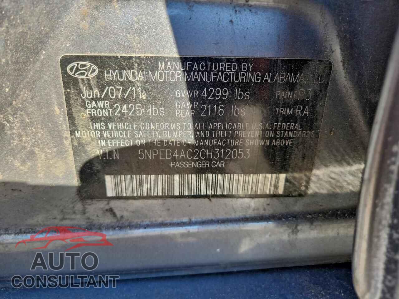 HYUNDAI SONATA 2012 - 5NPEB4AC2CH312053