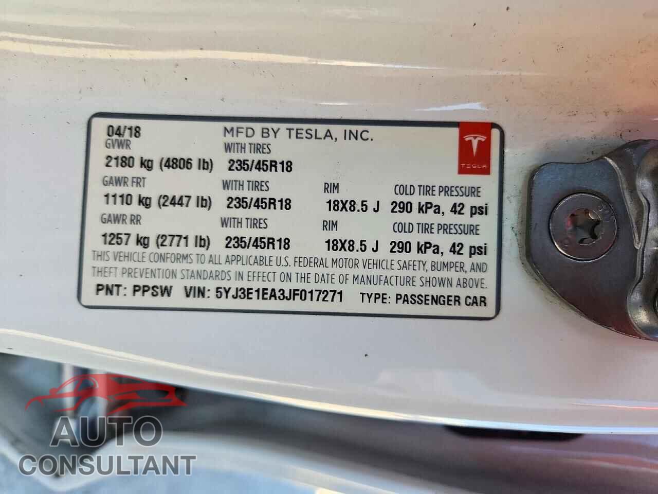 TESLA MODEL 3 2018 - 5YJ3E1EA3JF017271