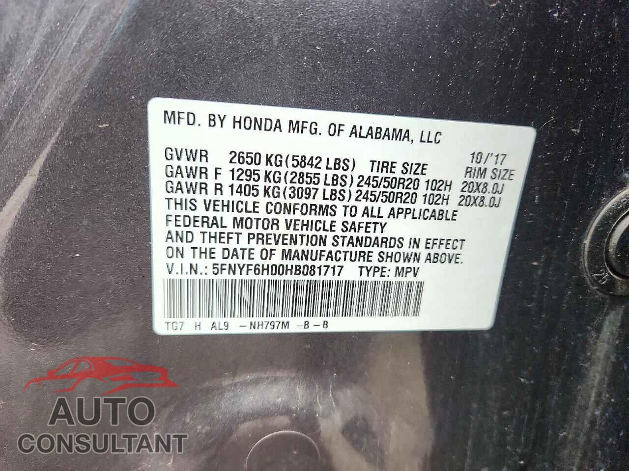 HONDA PILOT 2017 - 5FNYF6H00HB081717
