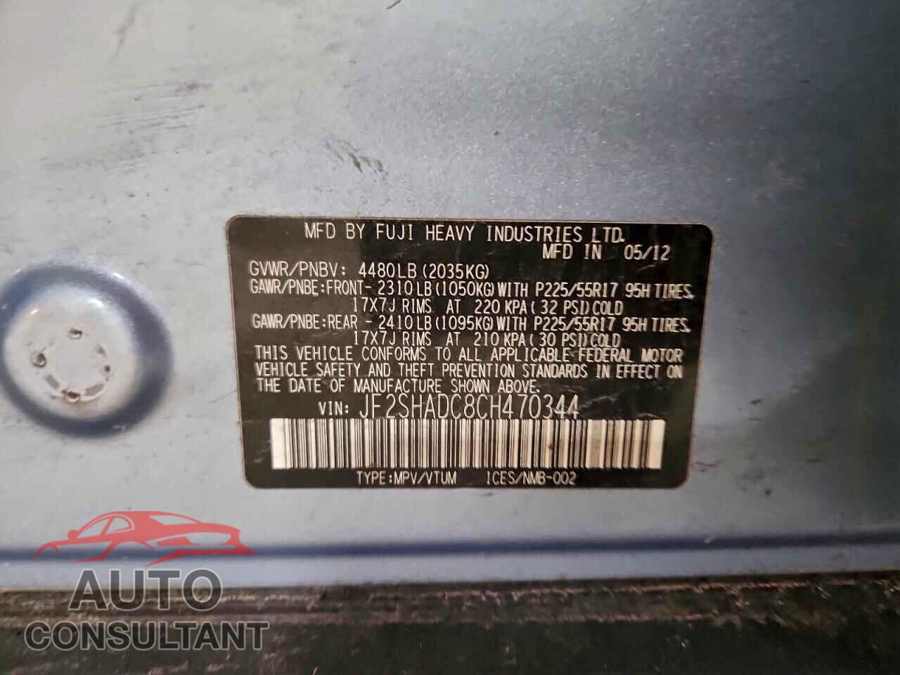 SUBARU FORESTER 2012 - JF2SHADC8CH470344