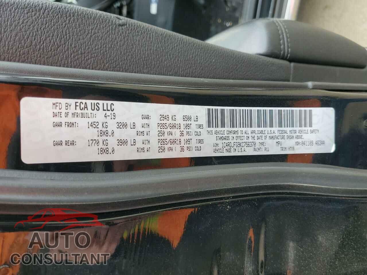 DODGE DURANGO 2019 - 1C4RDJFG9KC756370