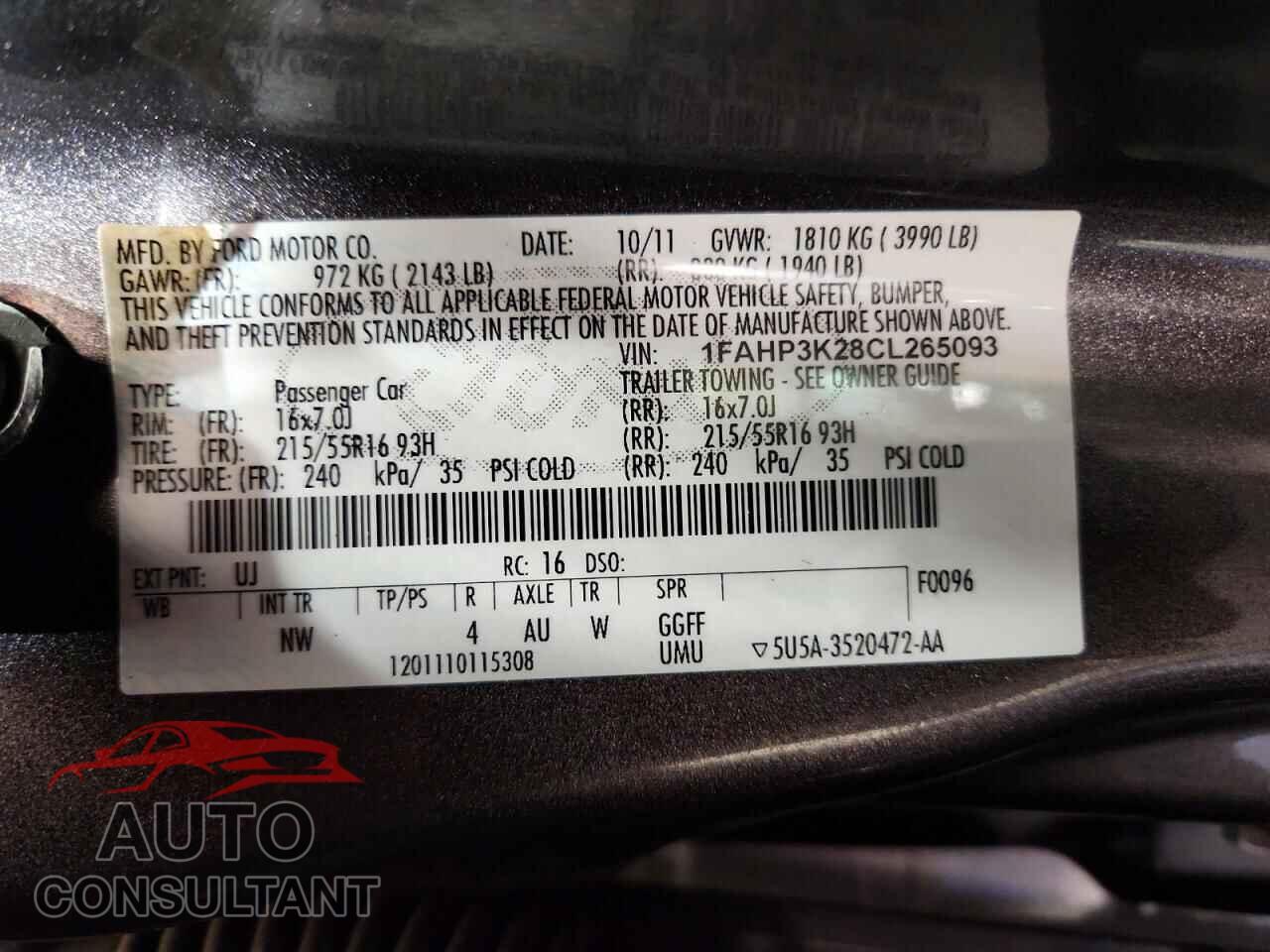 FORD FOCUS 2012 - 1FAHP3K28CL265093