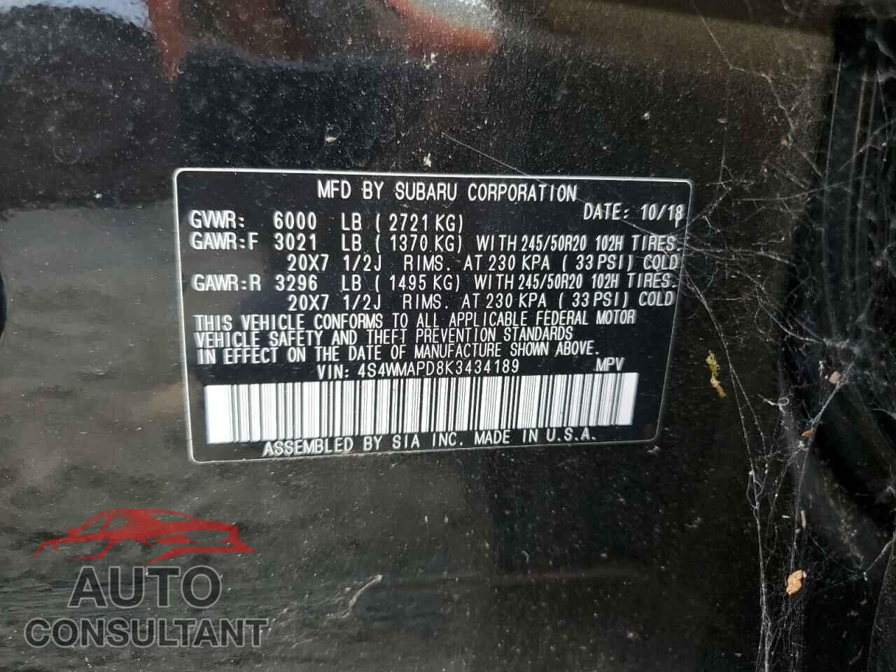 SUBARU ASCENT 2019 - 4S4WMAPD8K3434189