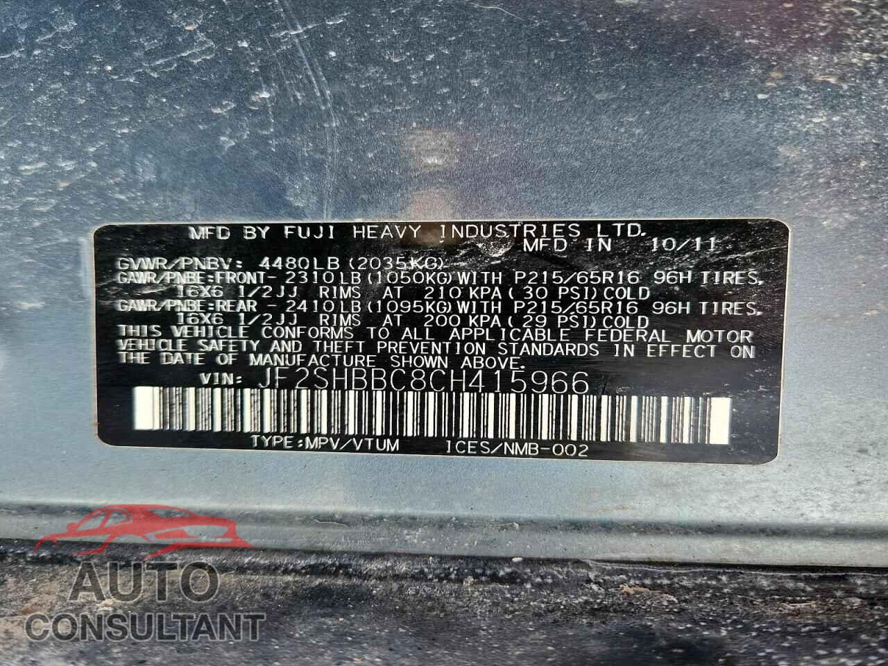 SUBARU FORESTER 2012 - JF2SHBBC8CH415966