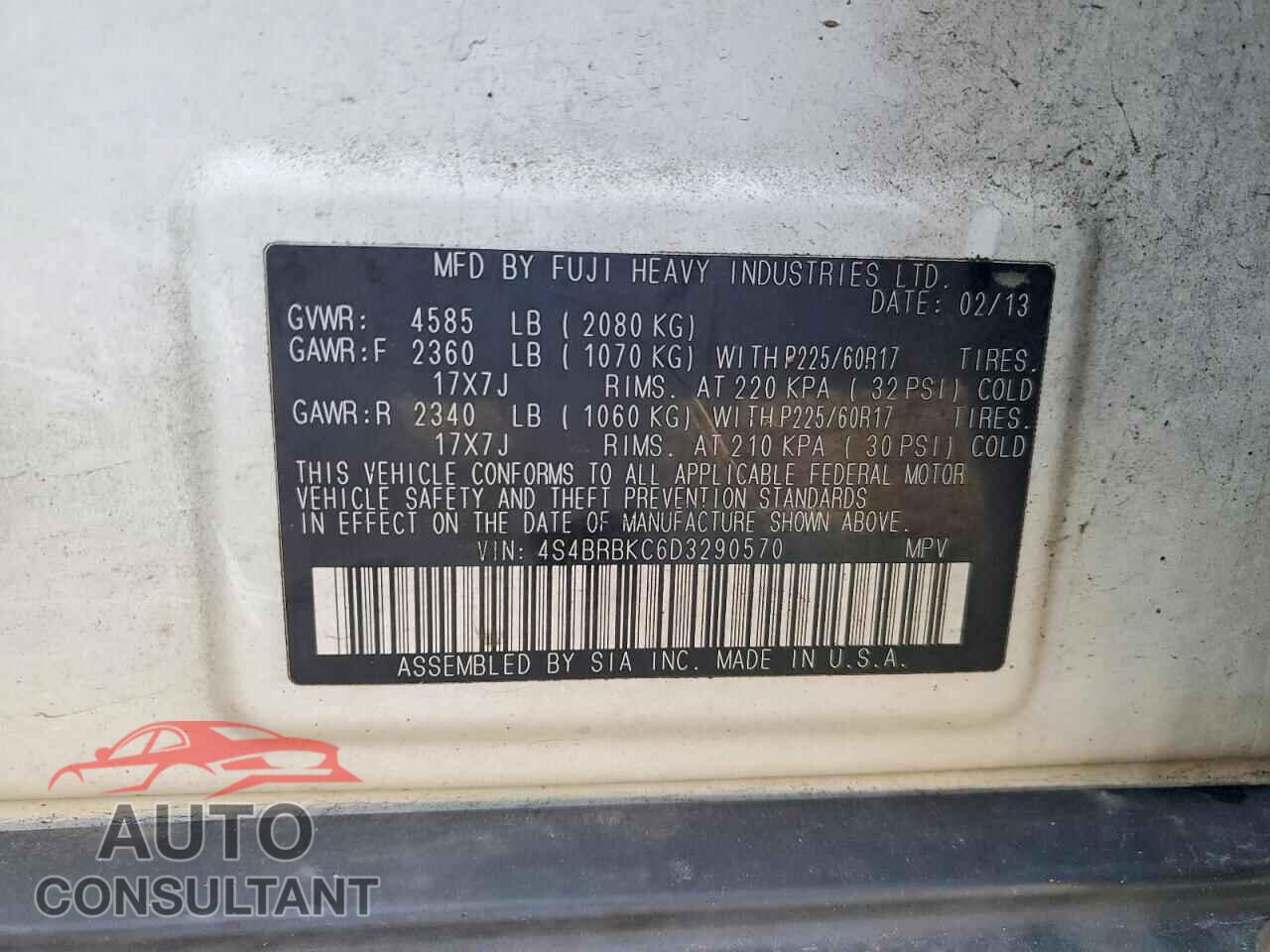 SUBARU OUTBACK 2013 - 4S4BRBKC6D3290570