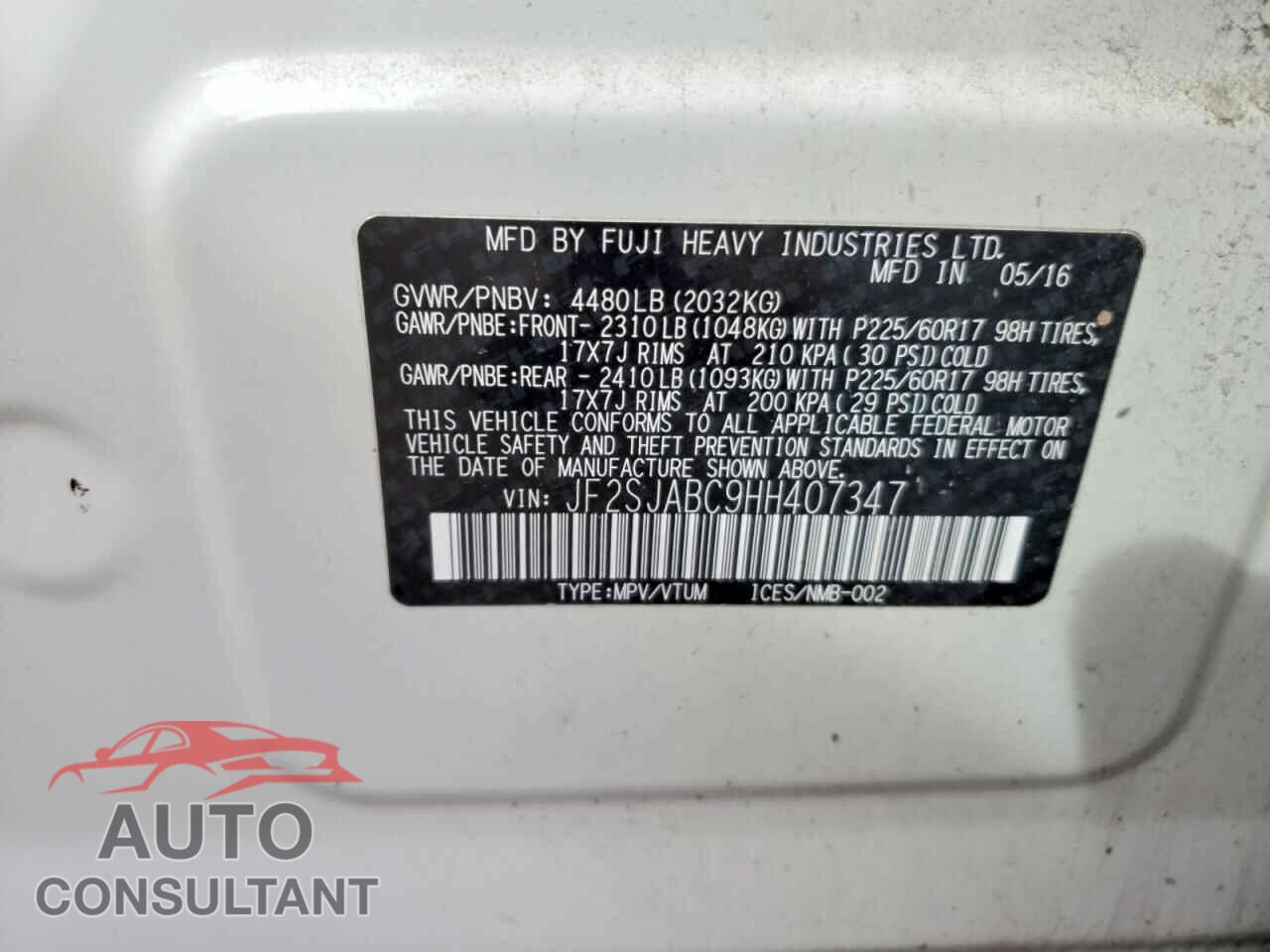 SUBARU FORESTER 2017 - JF2SJABC9HH407347