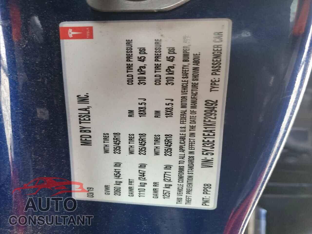 TESLA MODEL 3 2019 - 5YJ3E1EA1KF299492