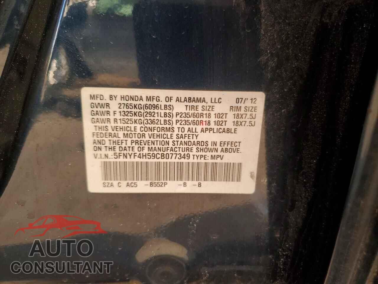 HONDA PILOT 2012 - 5FNYF4H59CB077349