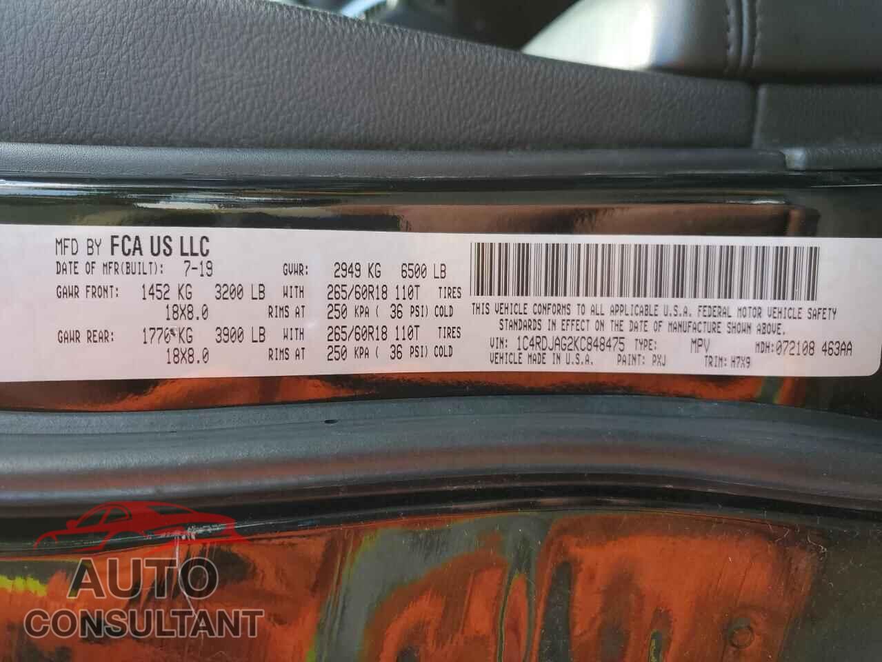 DODGE DURANGO 2019 - 1C4RDJAG2KC848475