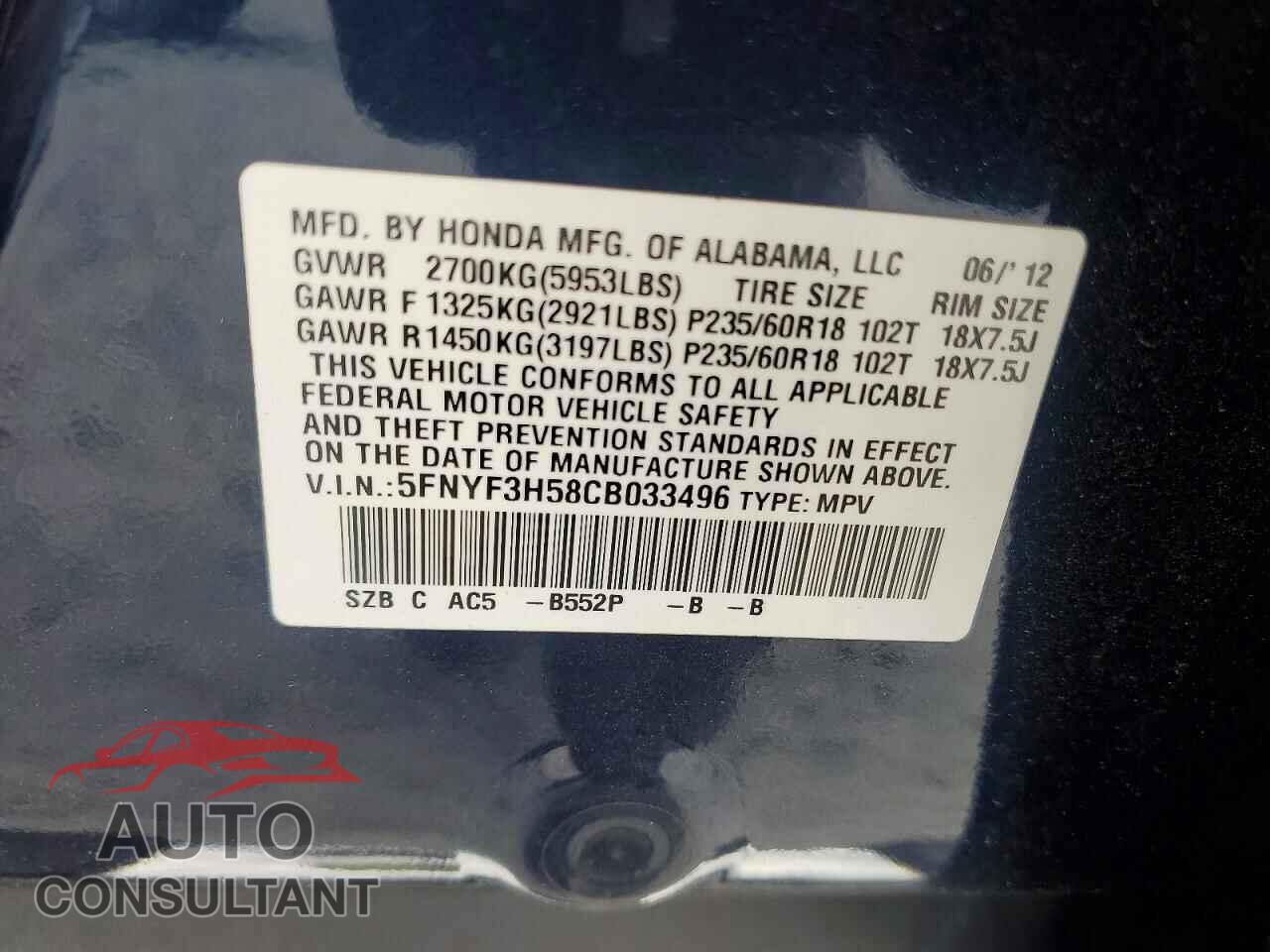 HONDA PILOT 2012 - 5FNYF3H58CB033496