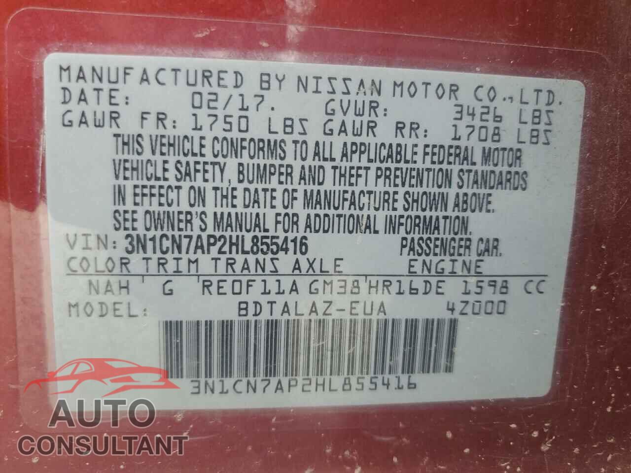 NISSAN VERSA 2017 - 3N1CN7AP2HL855416