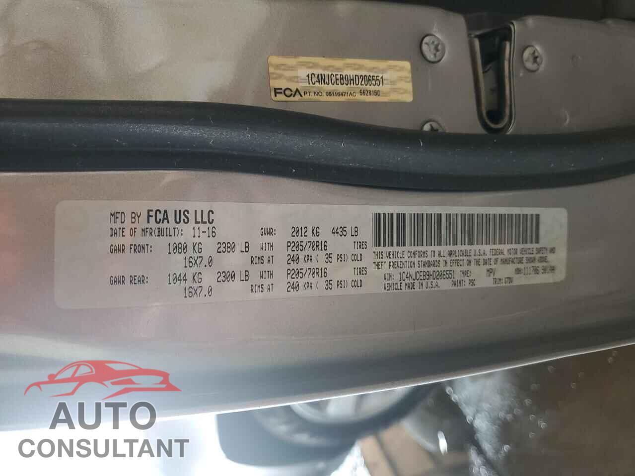 JEEP COMPASS 2017 - 1C4NJCEB9HD206551