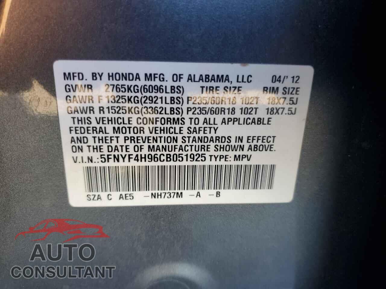 HONDA PILOT 2012 - 5FNYF4H96CB051925