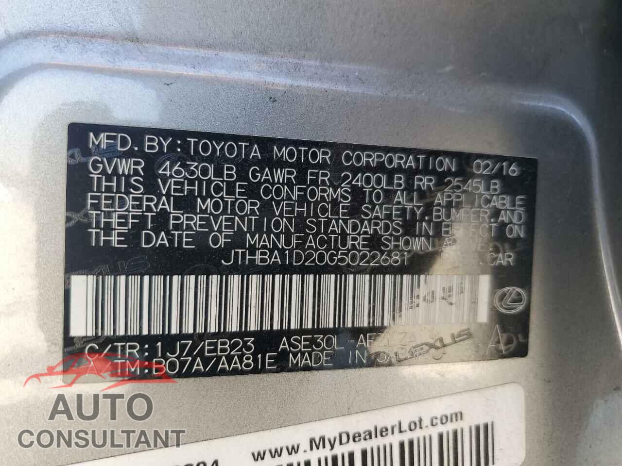 LEXUS IS 2016 - JTHBA1D20G5022681