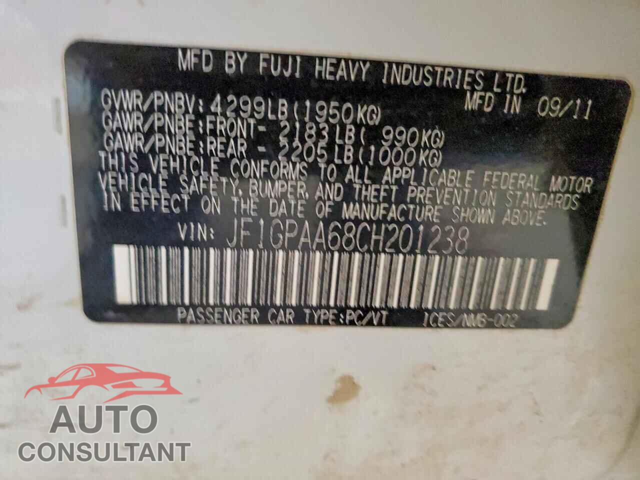 SUBARU IMPREZA 2012 - JF1GPAA68CH201238