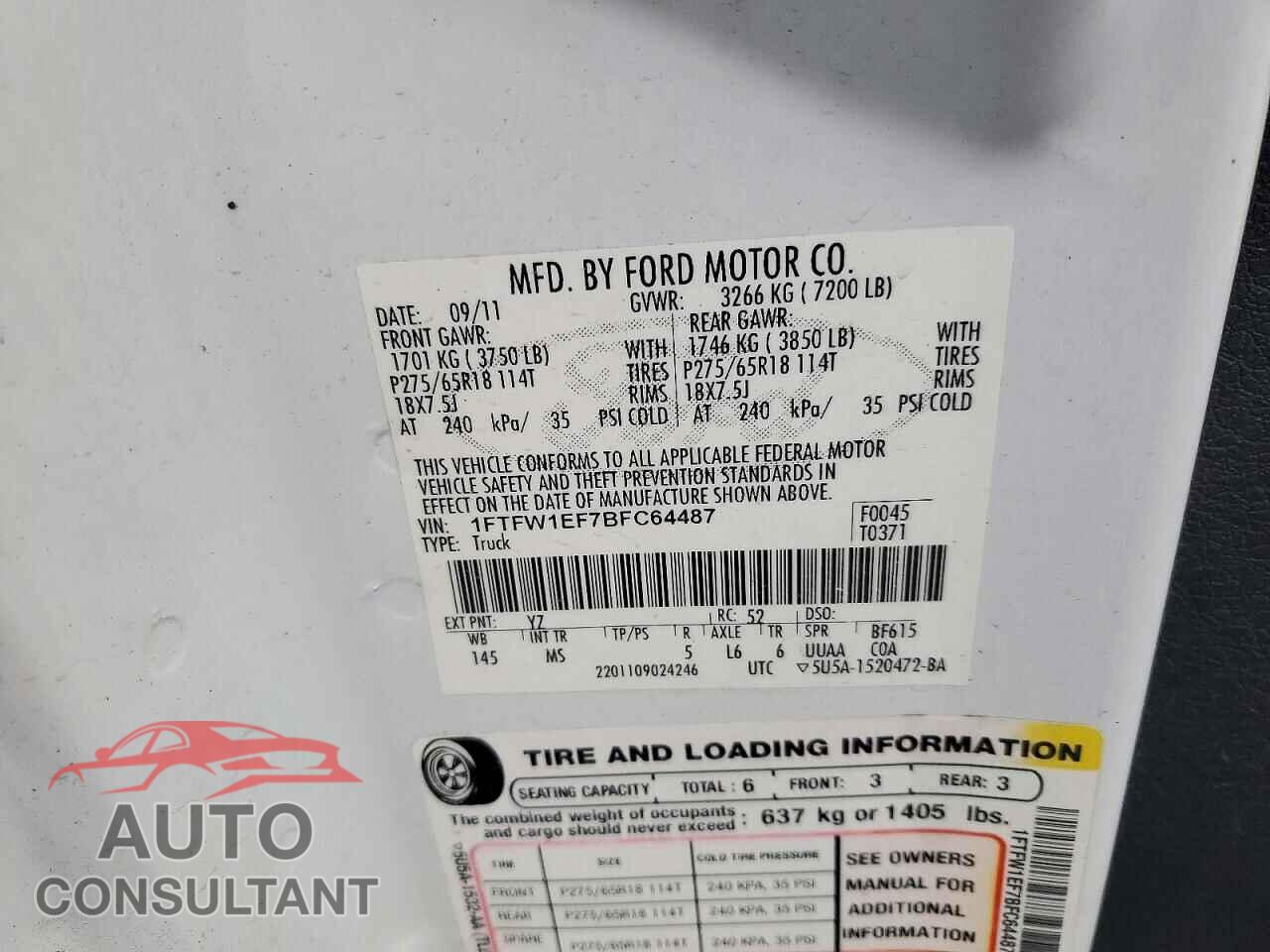 FORD F150 2011 - 1FTFW1EF7BFC64487
