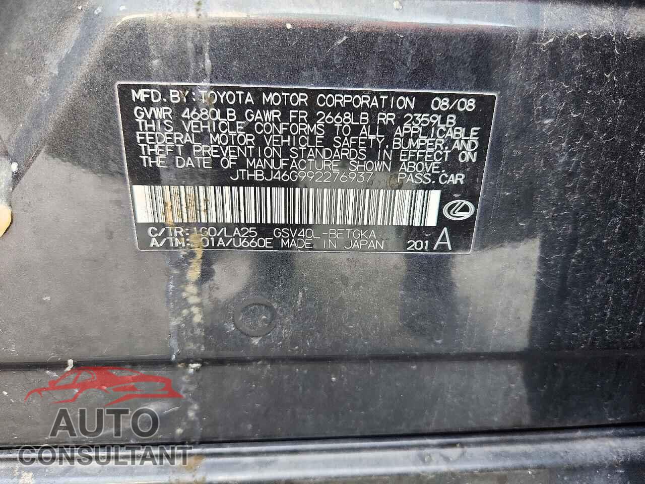 LEXUS ES350 2009 - JTHBJ46G992276937