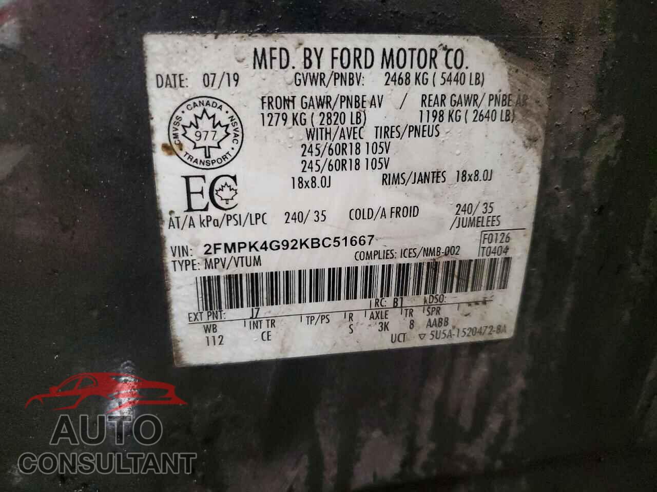 FORD EDGE 2019 - 2FMPK4G92KBC51667